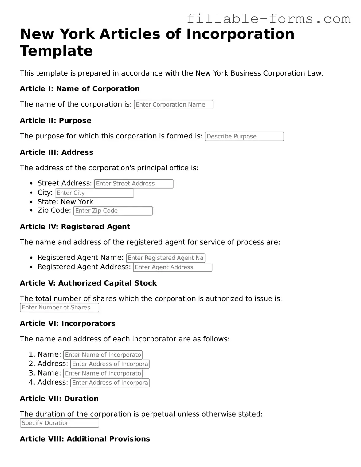 Printable  Articles of Incorporation Form for New York
