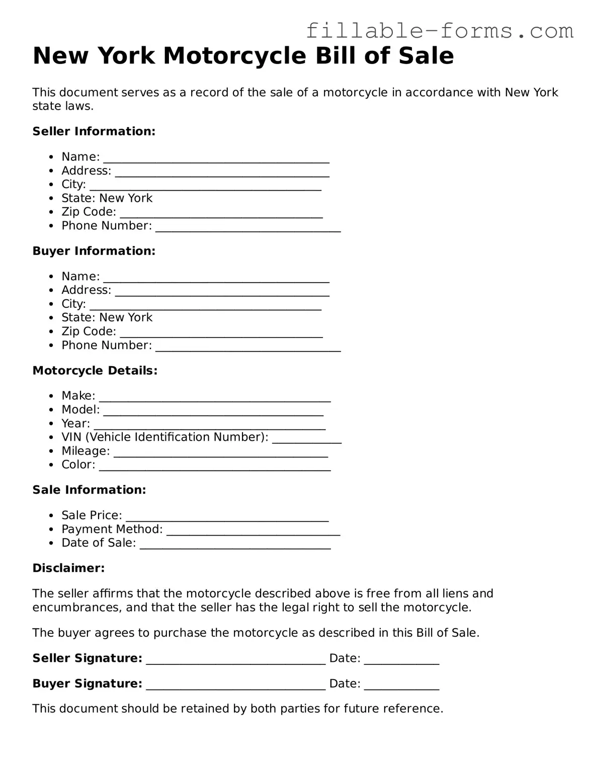 Printable  Motorcycle Bill of Sale Form for New York