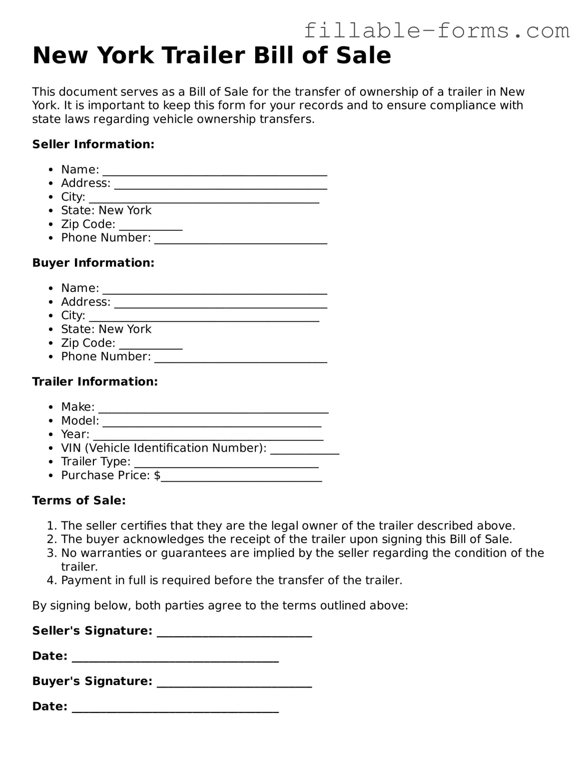 Printable  Trailer Bill of Sale Form for New York