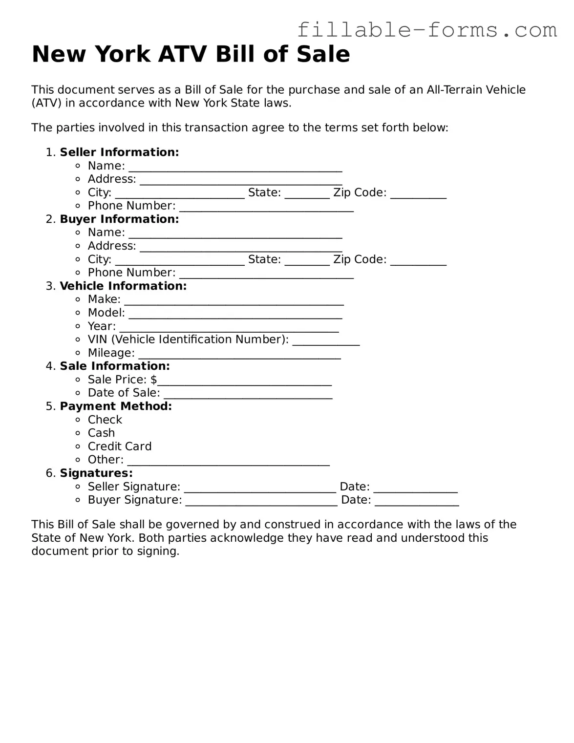 Printable  ATV Bill of Sale Form for New York
