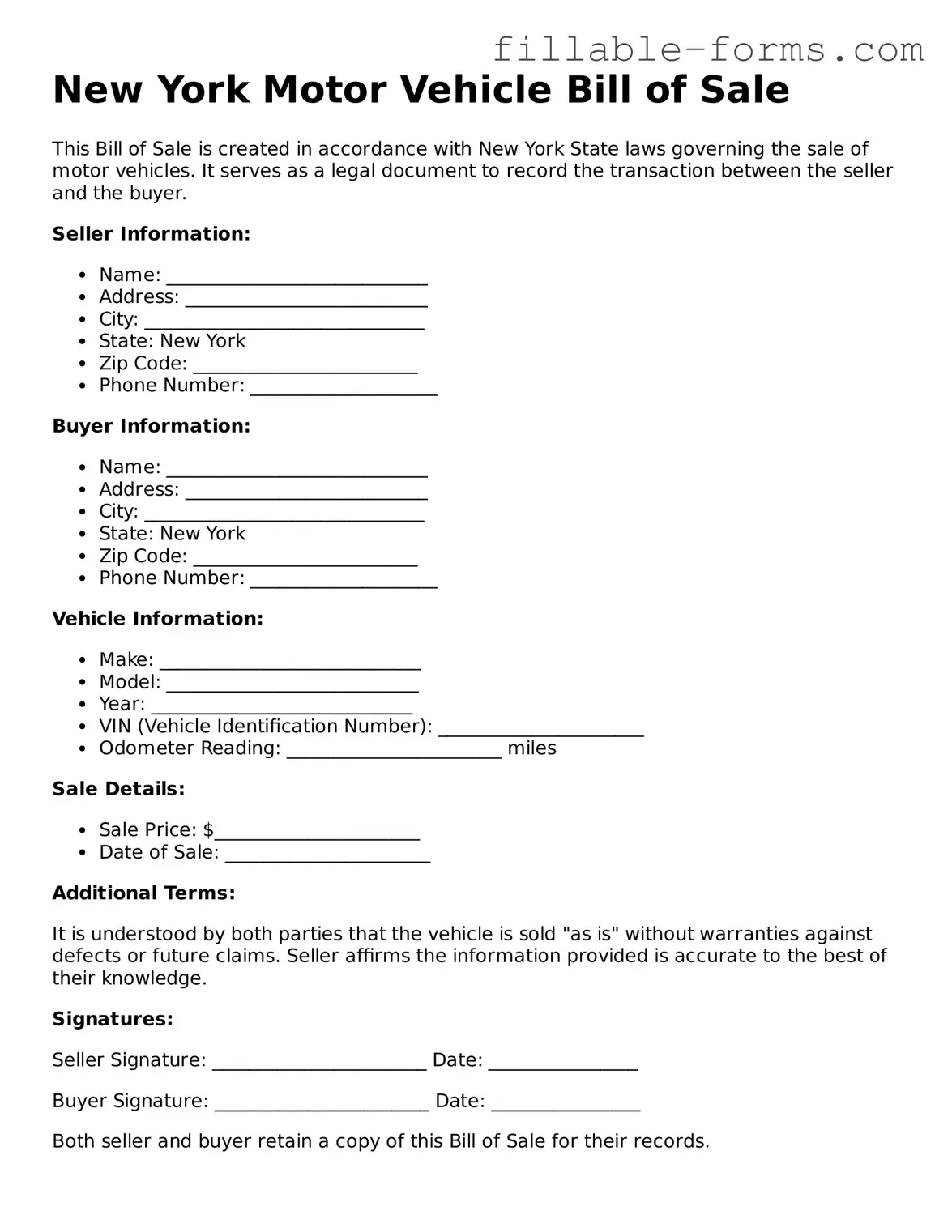 Printable  Motor Vehicle Bill of Sale Form for New York