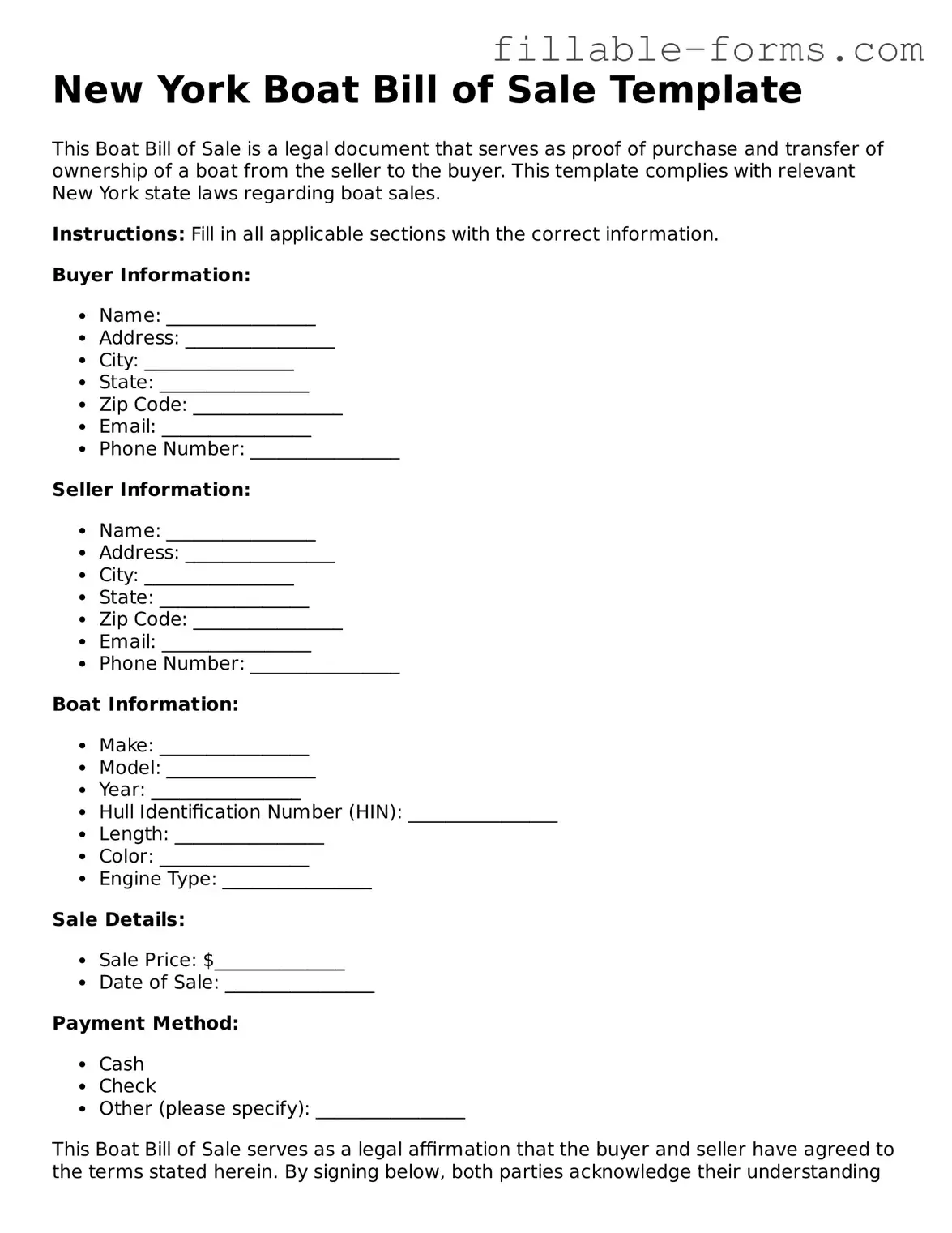 Printable  Boat Bill of Sale Form for New York