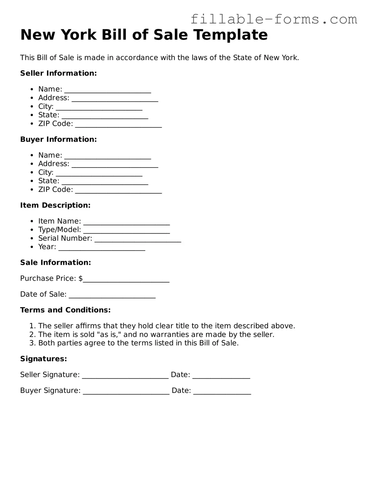 Printable  Bill of Sale Form for New York