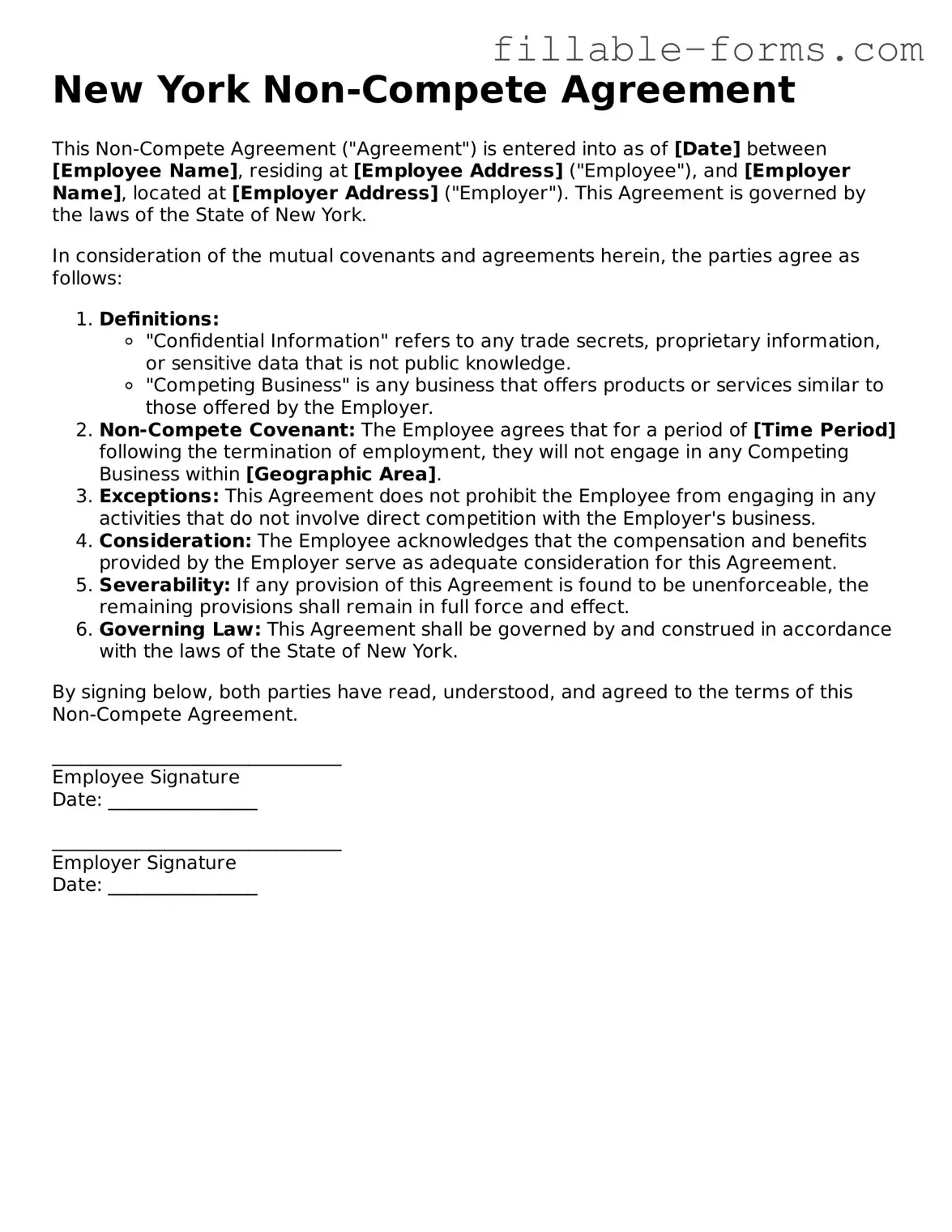 Printable  Non-compete Agreement Form for New York