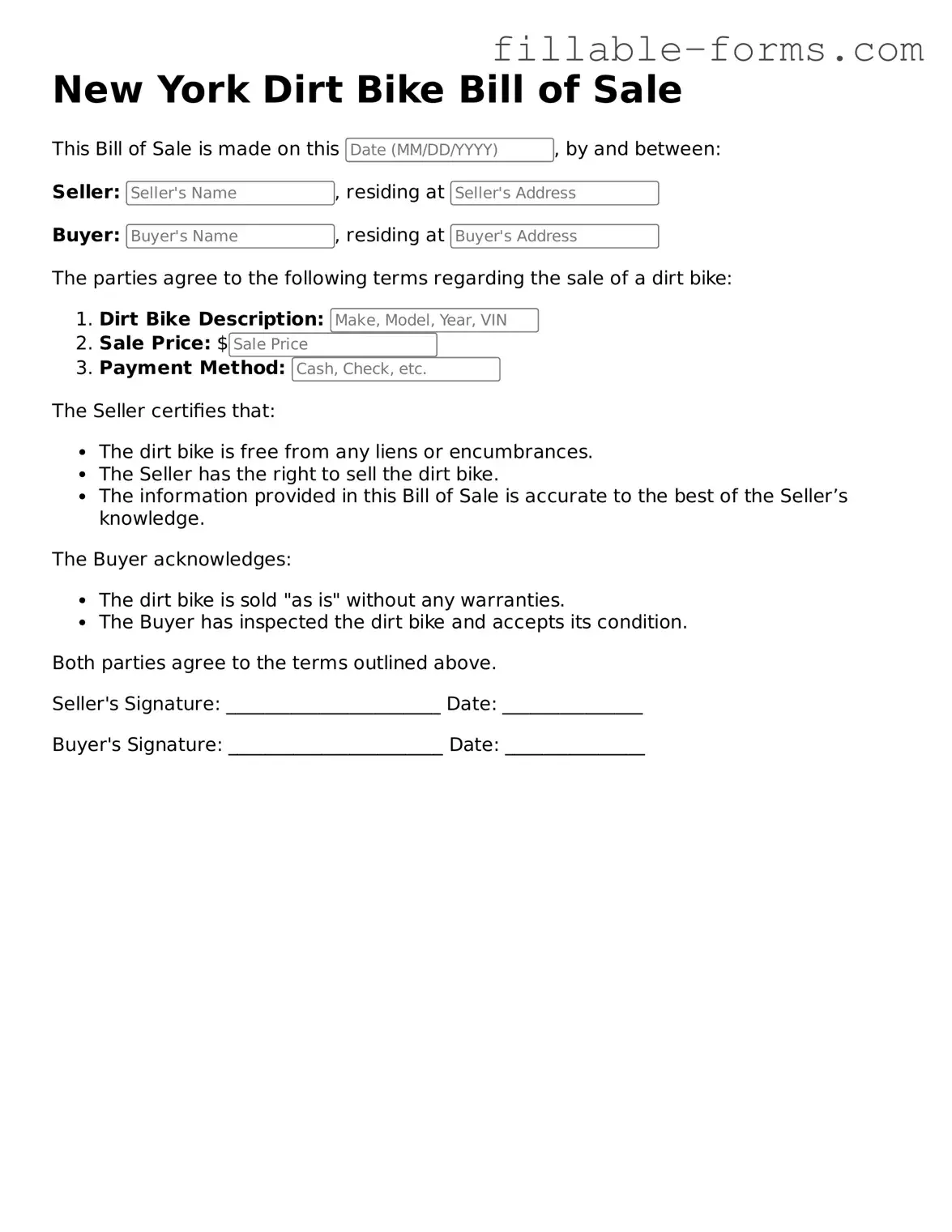 Printable  Dirt Bike Bill of Sale Form for New York