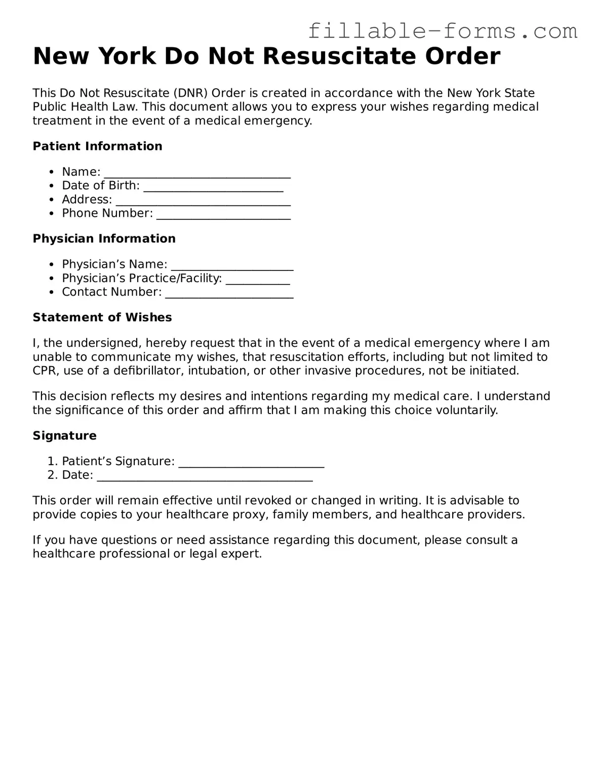 Printable  Do Not Resuscitate Order Form for New York