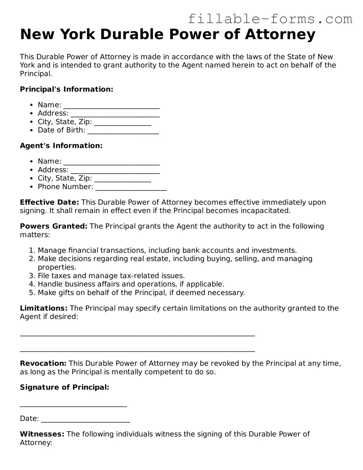 Printable  Durable Power of Attorney Form for New York