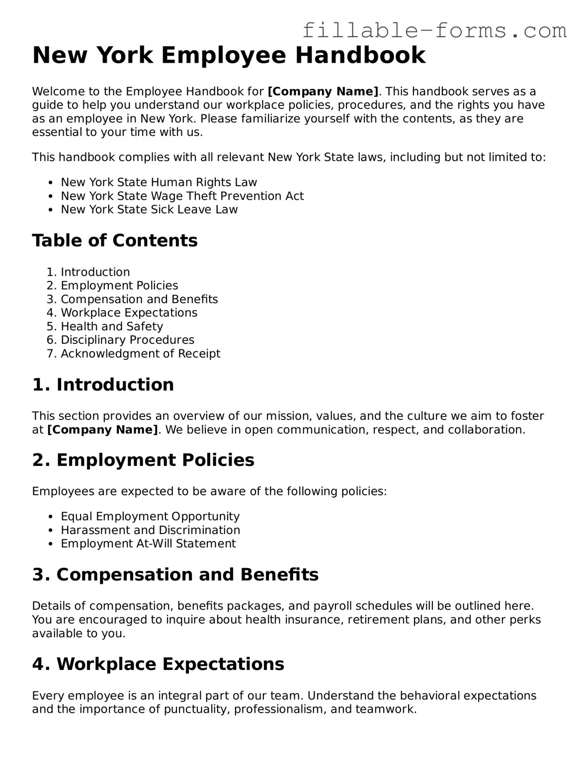 Printable  Employee Handbook Form for New York