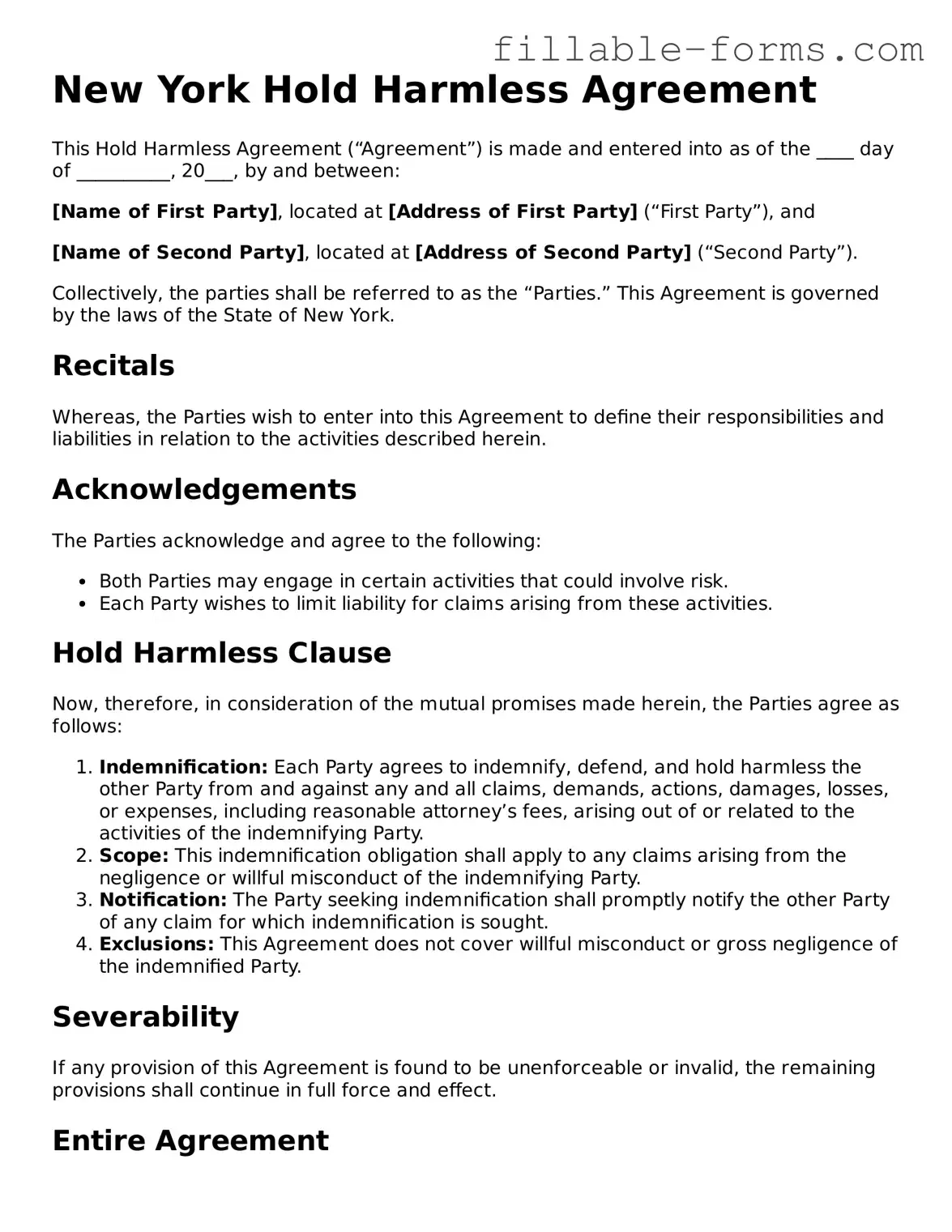 Printable  Hold Harmless Agreement Form for New York