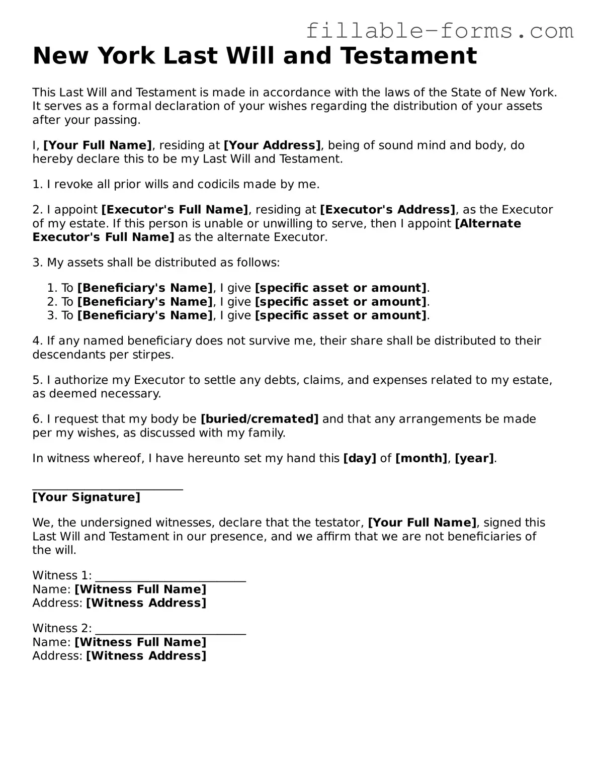 Printable  Last Will and Testament Form for New York