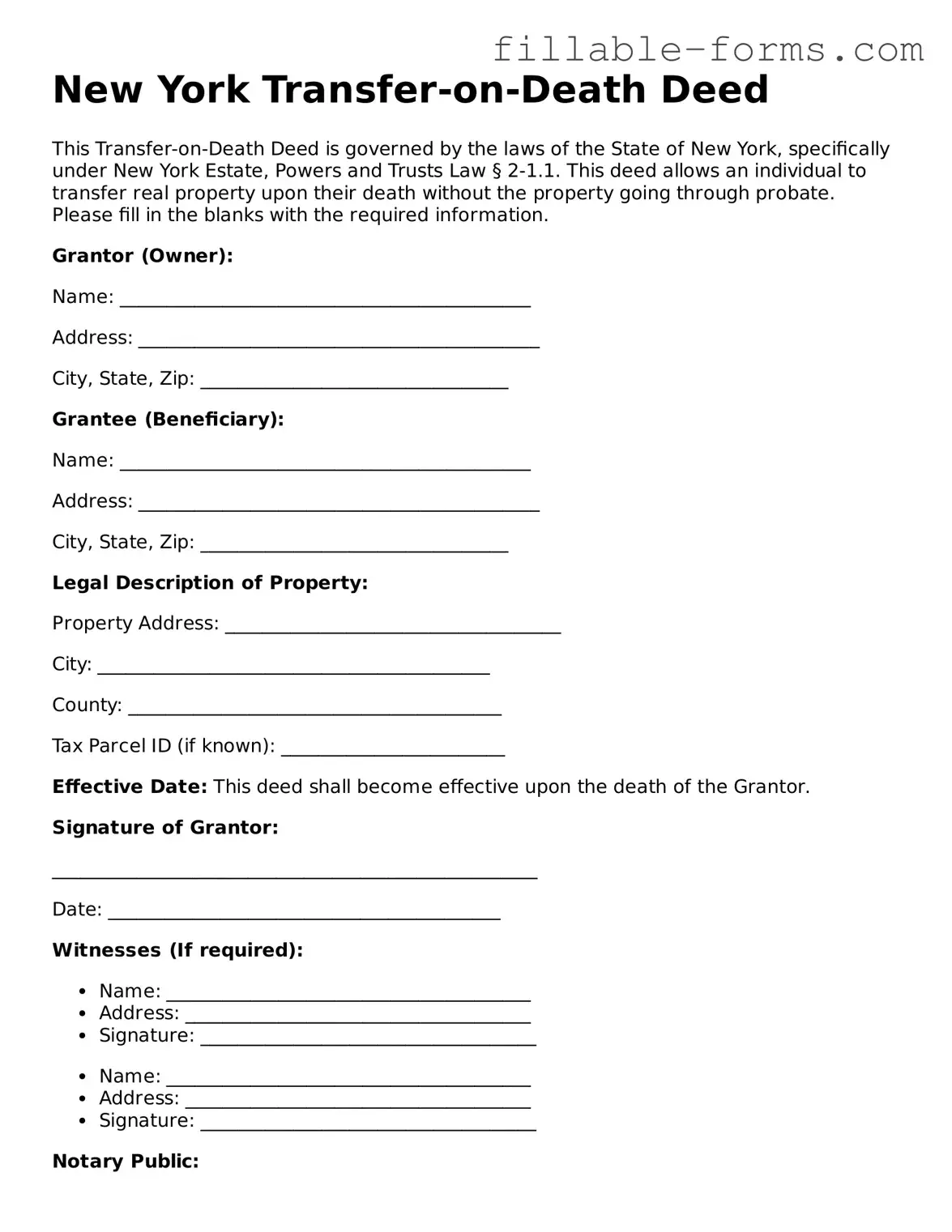 Printable  Transfer-on-Death Deed Form for New York