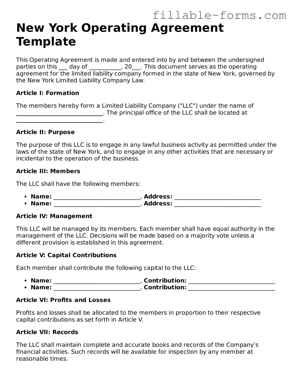 Printable  Operating Agreement Form for New York
