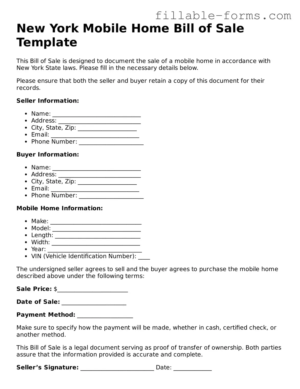 Printable  Mobile Home Bill of Sale Form for New York