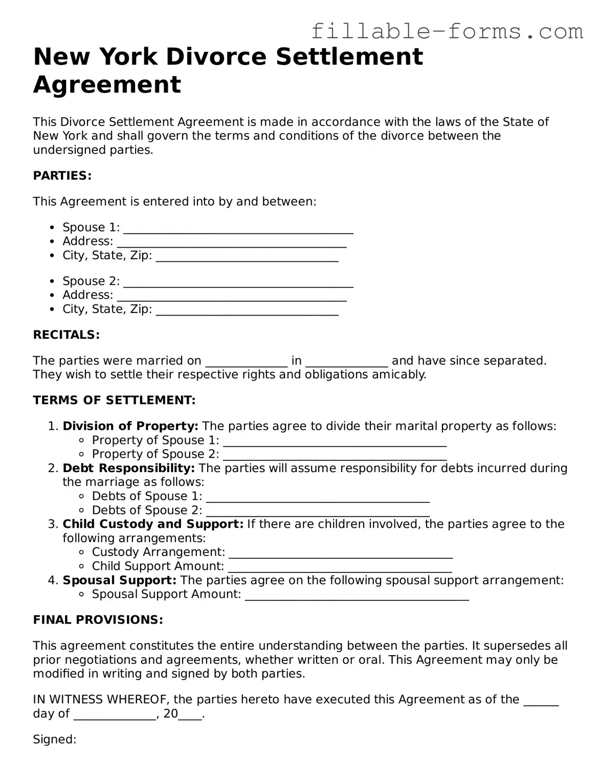 Printable  Divorce Settlement Agreement Form for New York