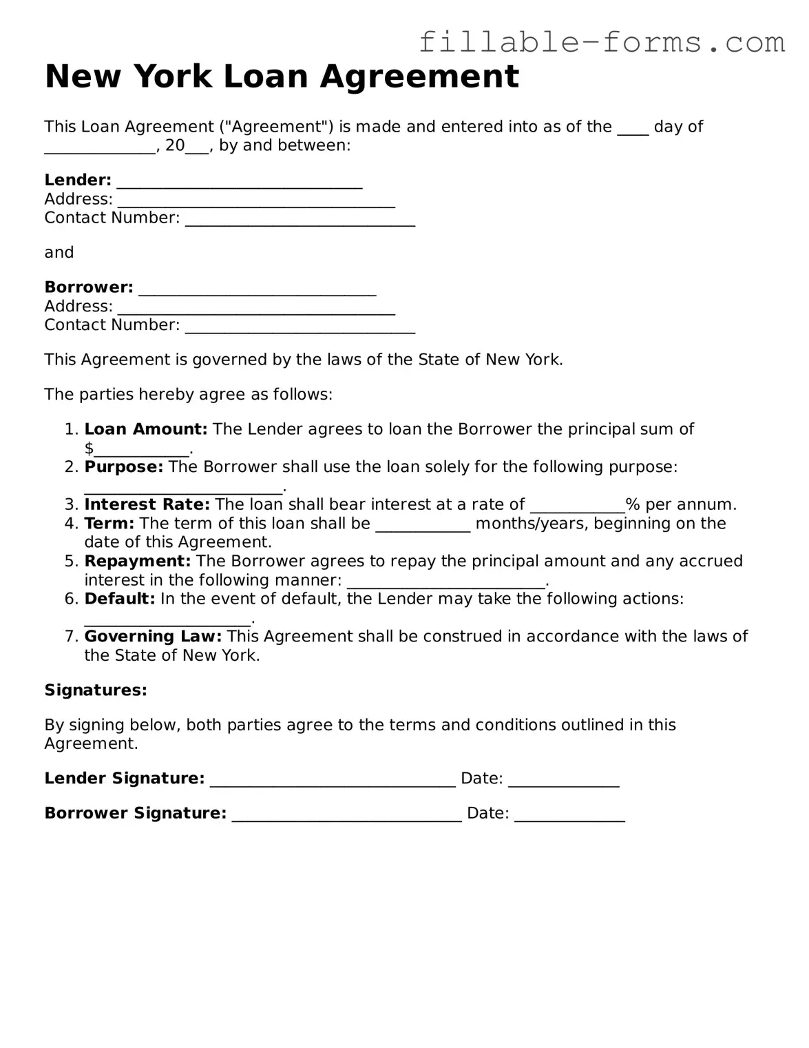 Printable  Loan Agreement Form for New York