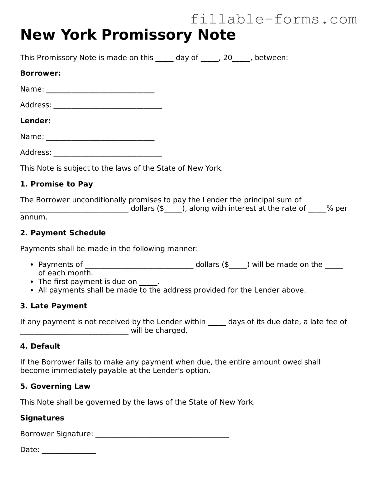 Printable  Promissory Note Form for New York
