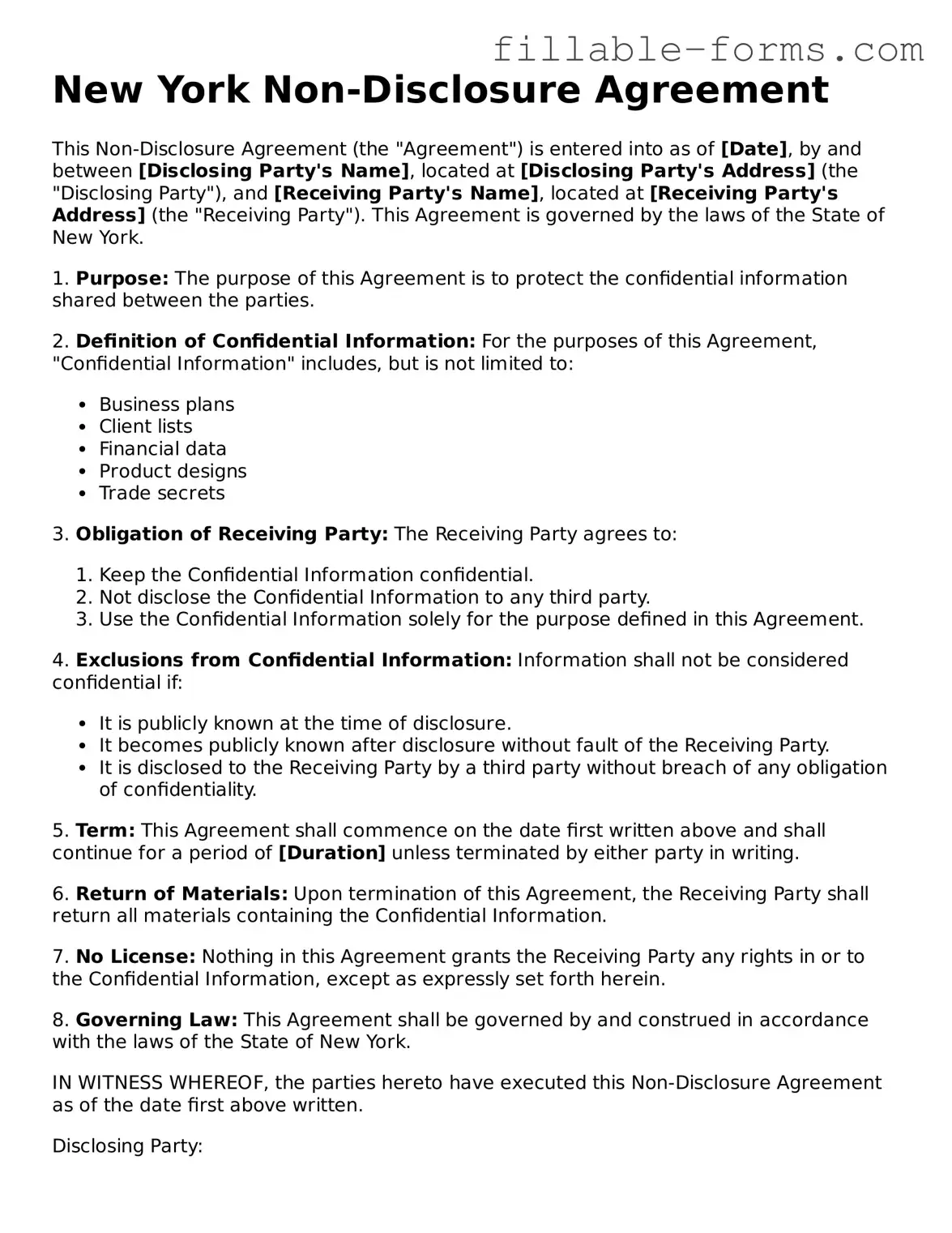 Printable  Non-disclosure Agreement Form for New York