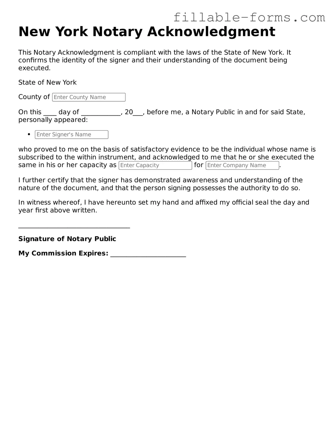 Printable  Notary Acknowledgement Form for New York