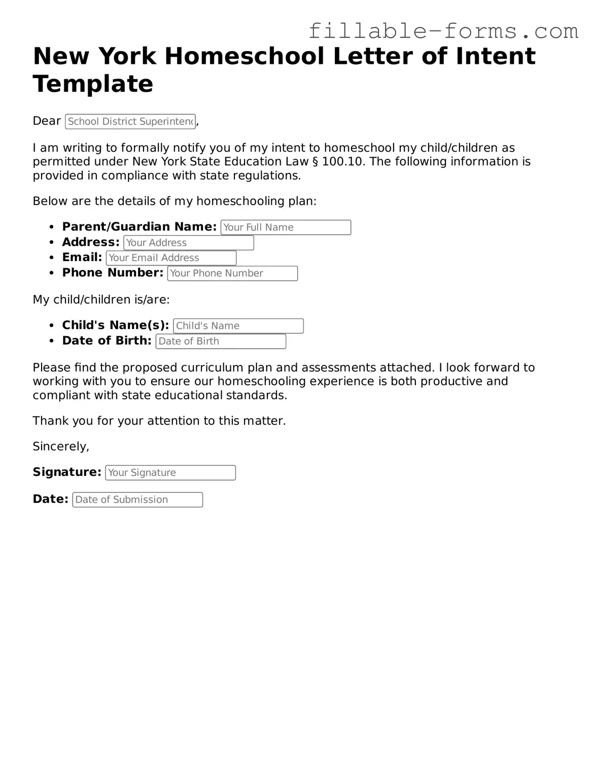 Printable  Homeschool Letter of Intent Form for New York