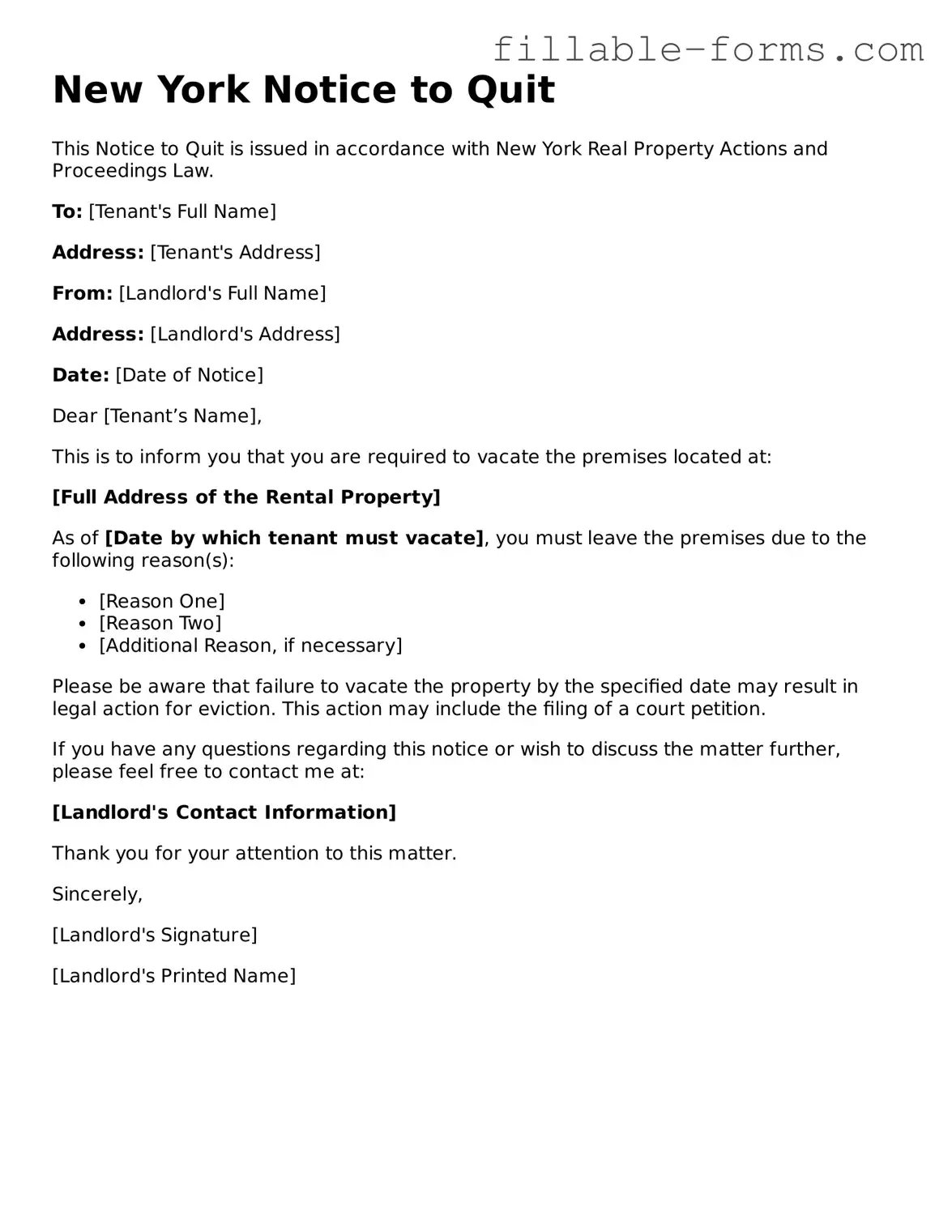 Printable  Notice to Quit Form for New York