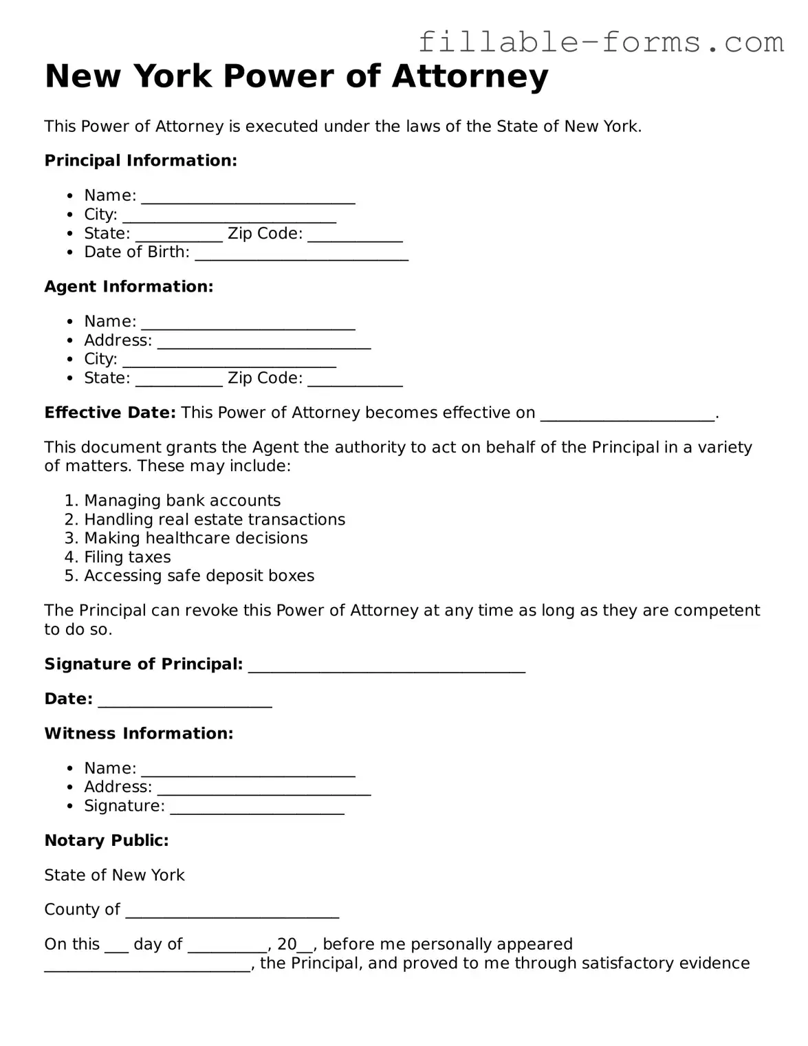 Printable  Power of Attorney Form for New York