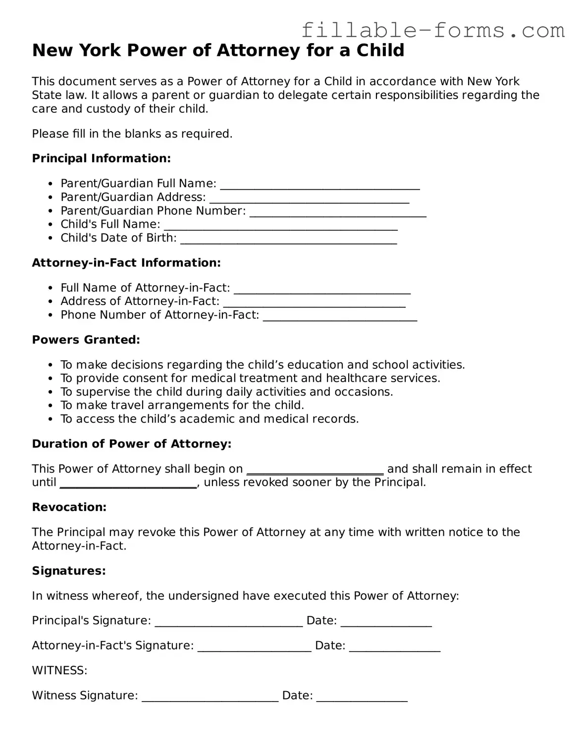 Printable  Power of Attorney for a Child Form for New York