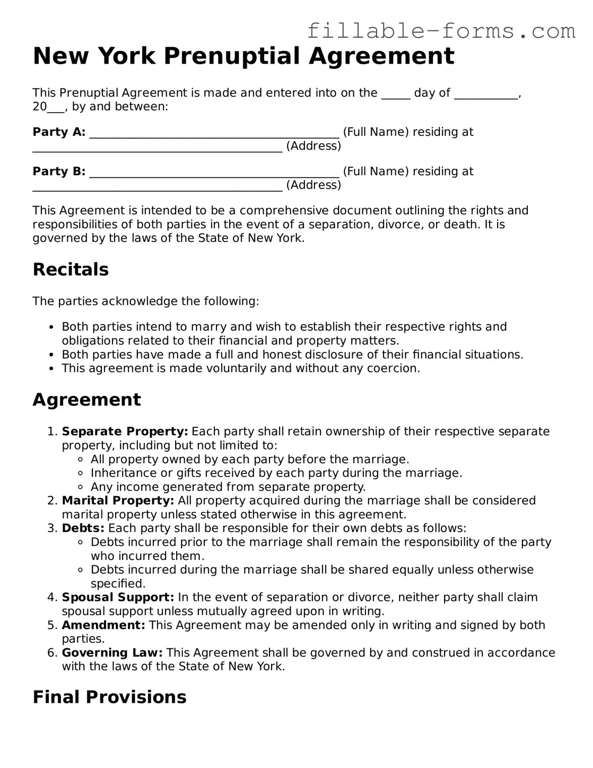 Printable  Prenuptial Agreement Form for New York