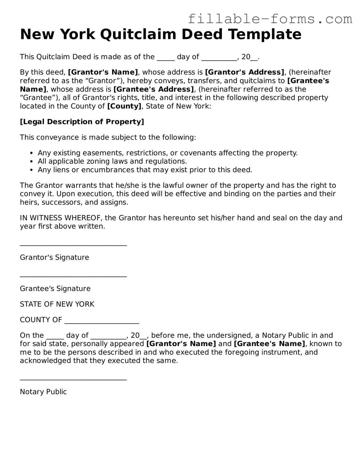 Printable  Quitclaim Deed Form for New York
