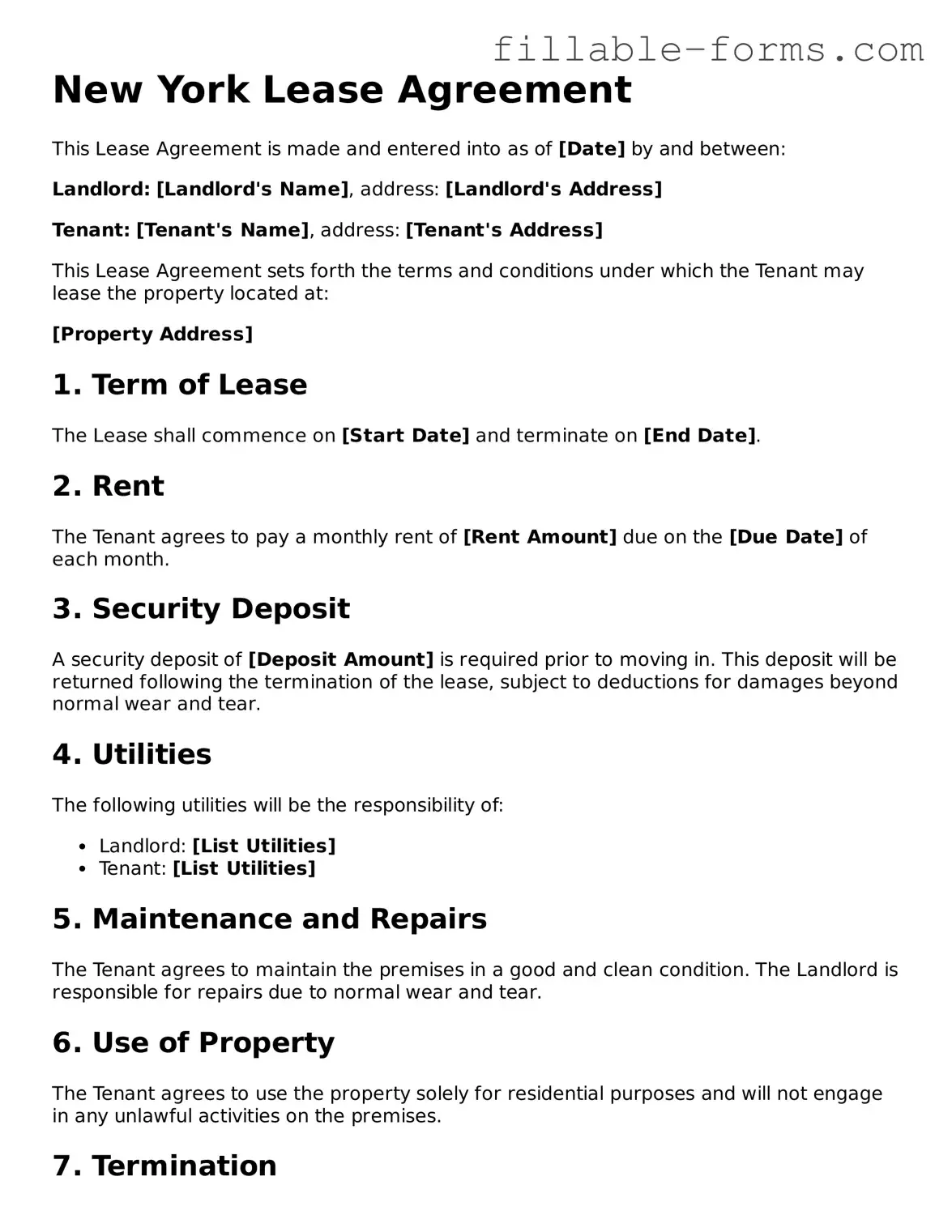 Printable  Lease Agreement Form for New York