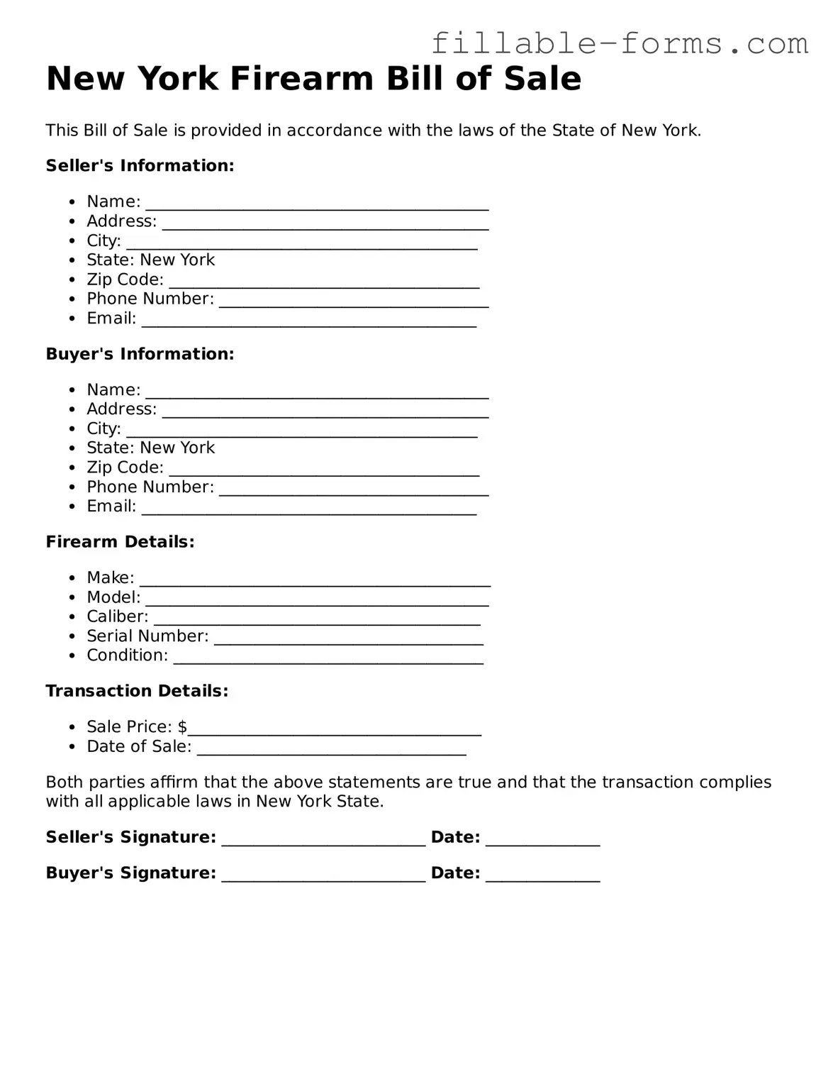 Printable  Firearm Bill of Sale Form for New York