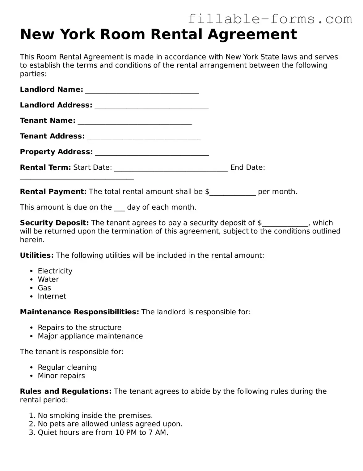 Printable  Room Rental Agreement Form for New York