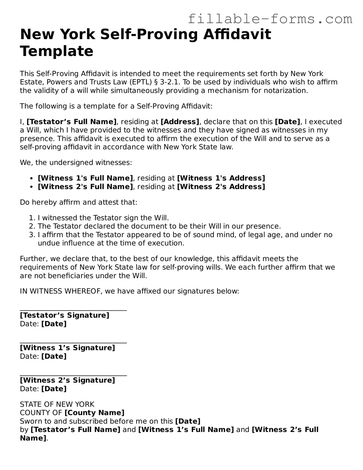 Printable  Self-Proving Affidavit Form for New York
