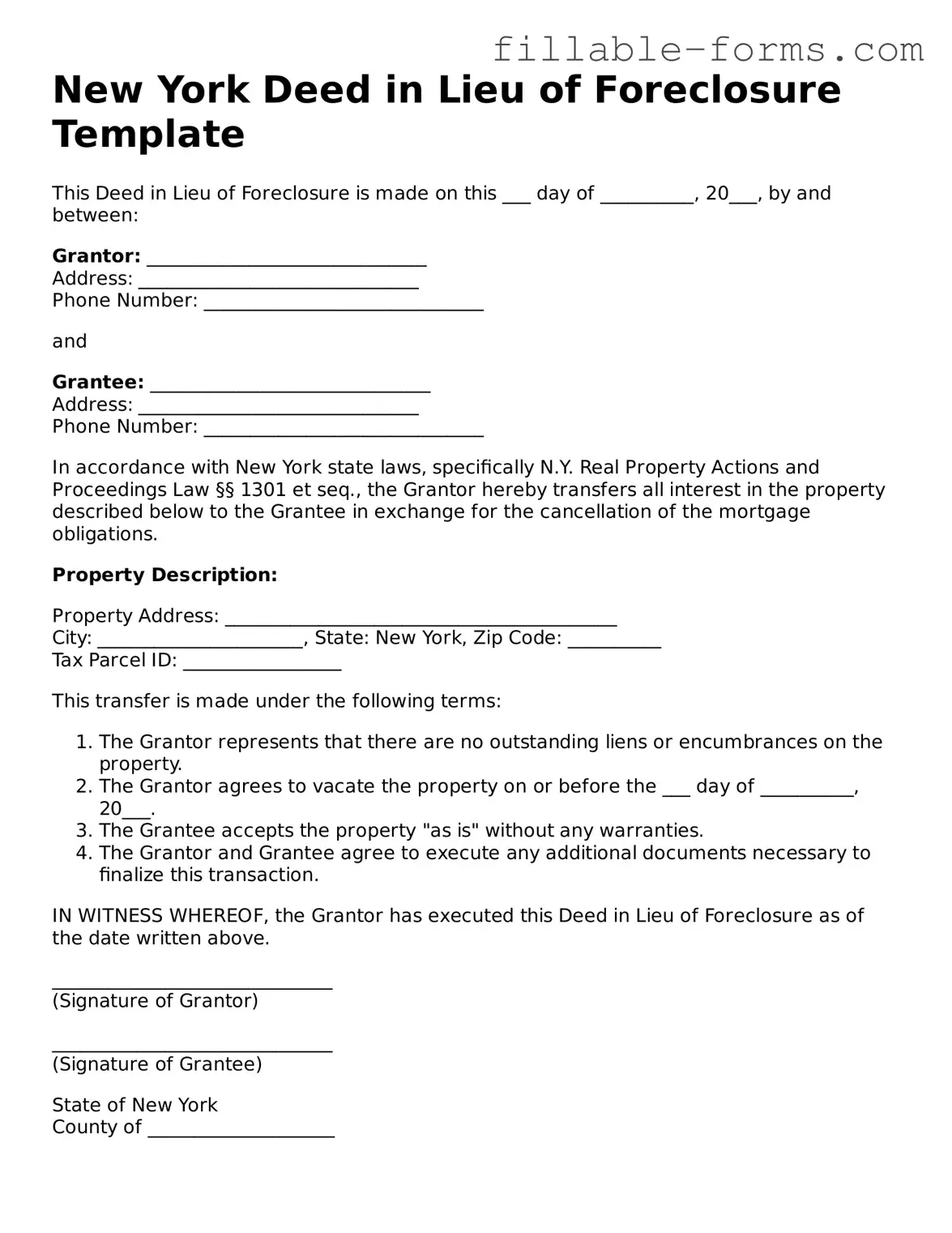 Printable  Deed in Lieu of Foreclosure Form for New York