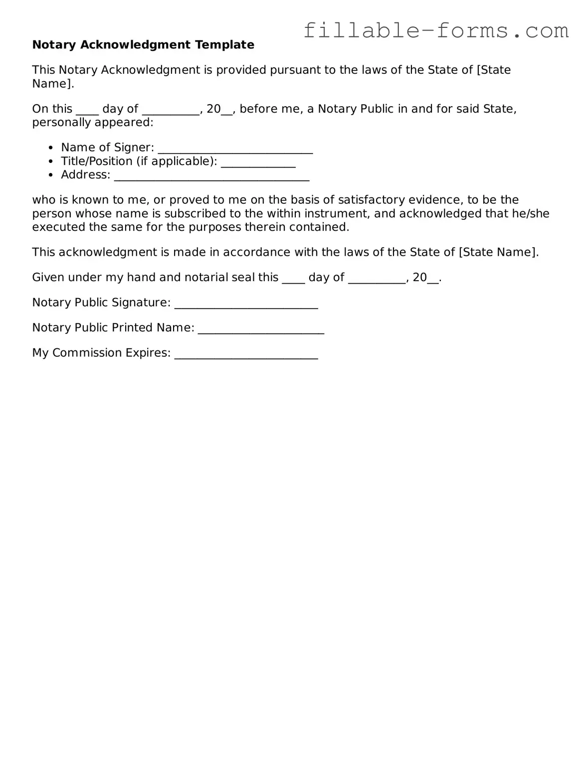 Printable Notary Acknowledgement Form