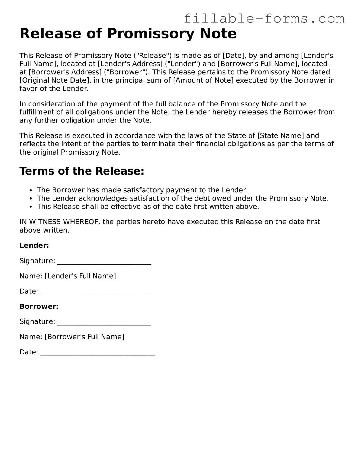 Printable Release of Promissory Note Form