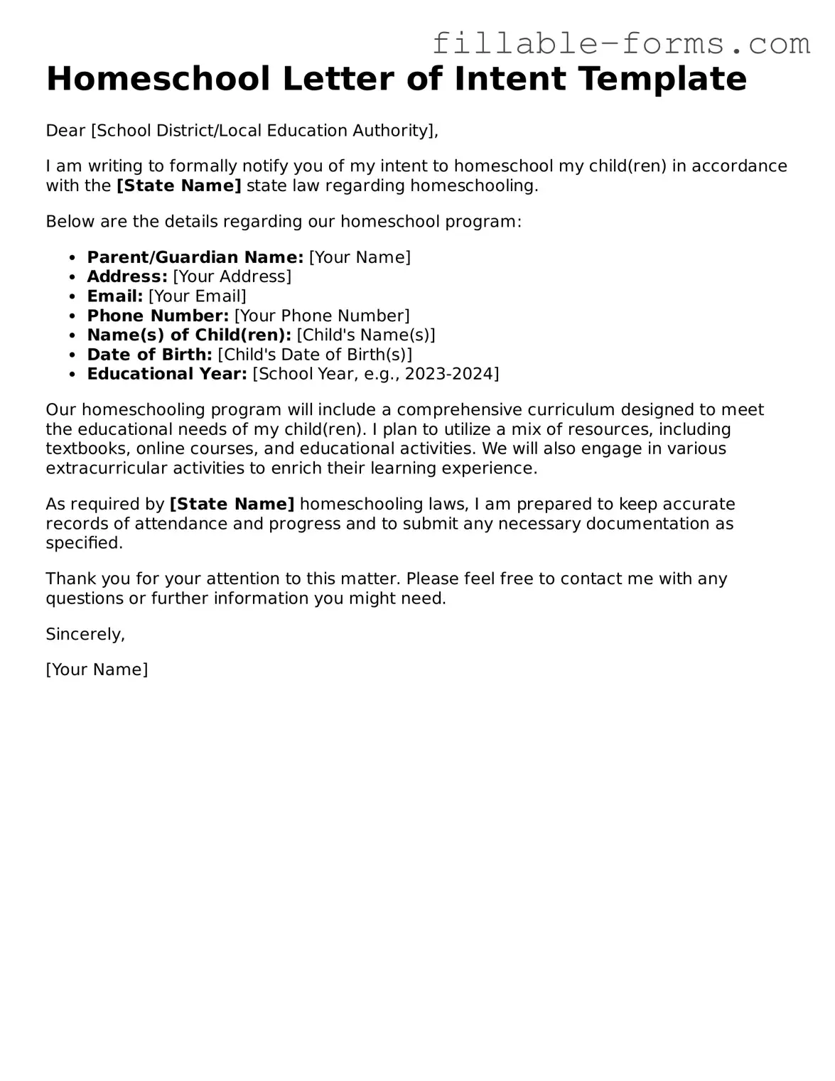 Printable Homeschool Letter of Intent Form
