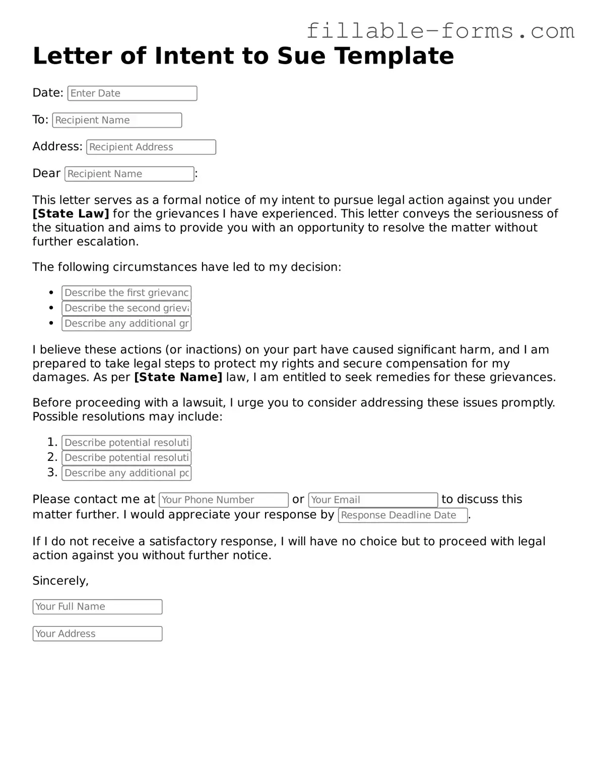 Printable Letter of Intent to Sue Form