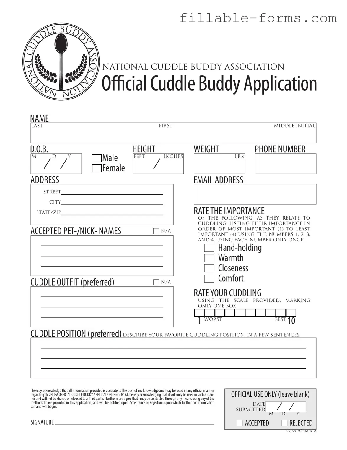 Fill Out a Valid Cuddle Buddy Application Template