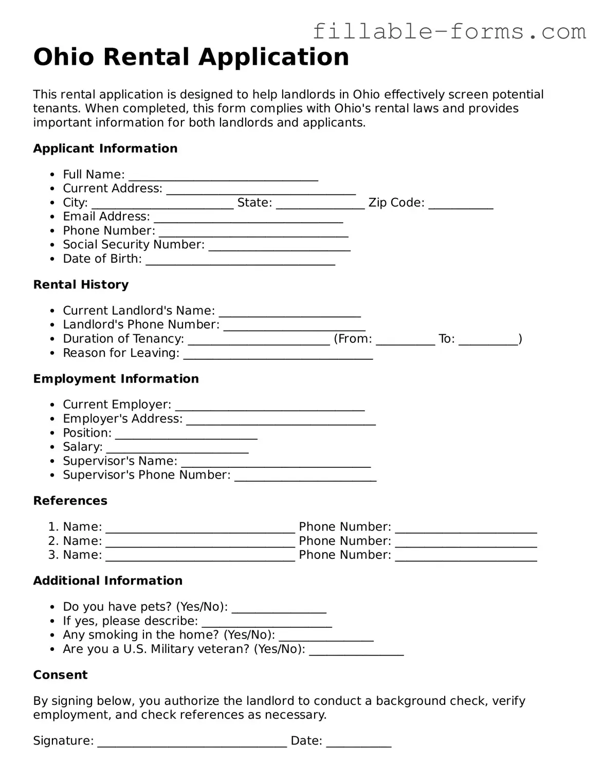 Printable  Rental Application Form for Ohio