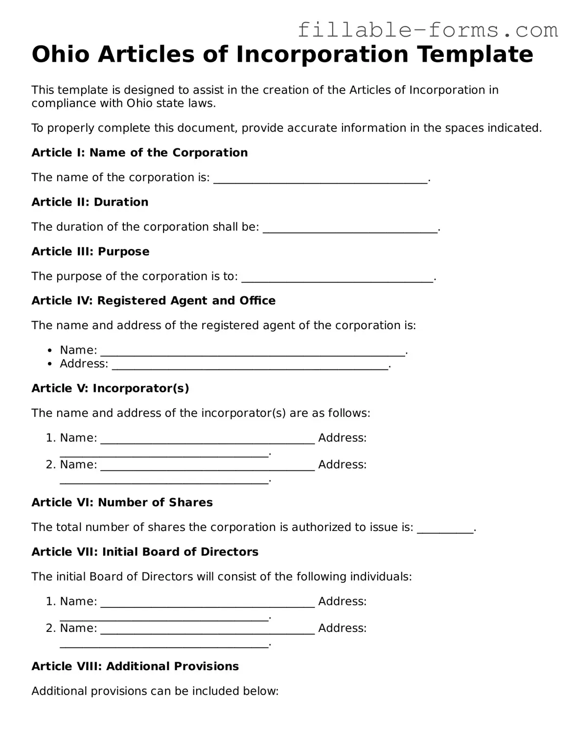 Printable  Articles of Incorporation Form for Ohio