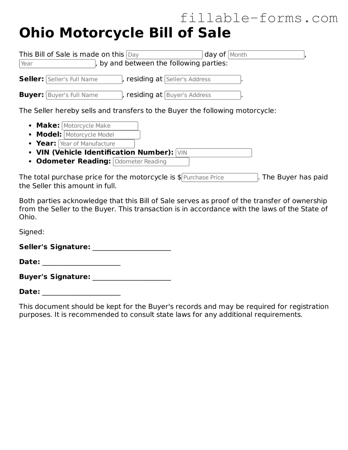 Printable  Motorcycle Bill of Sale Form for Ohio