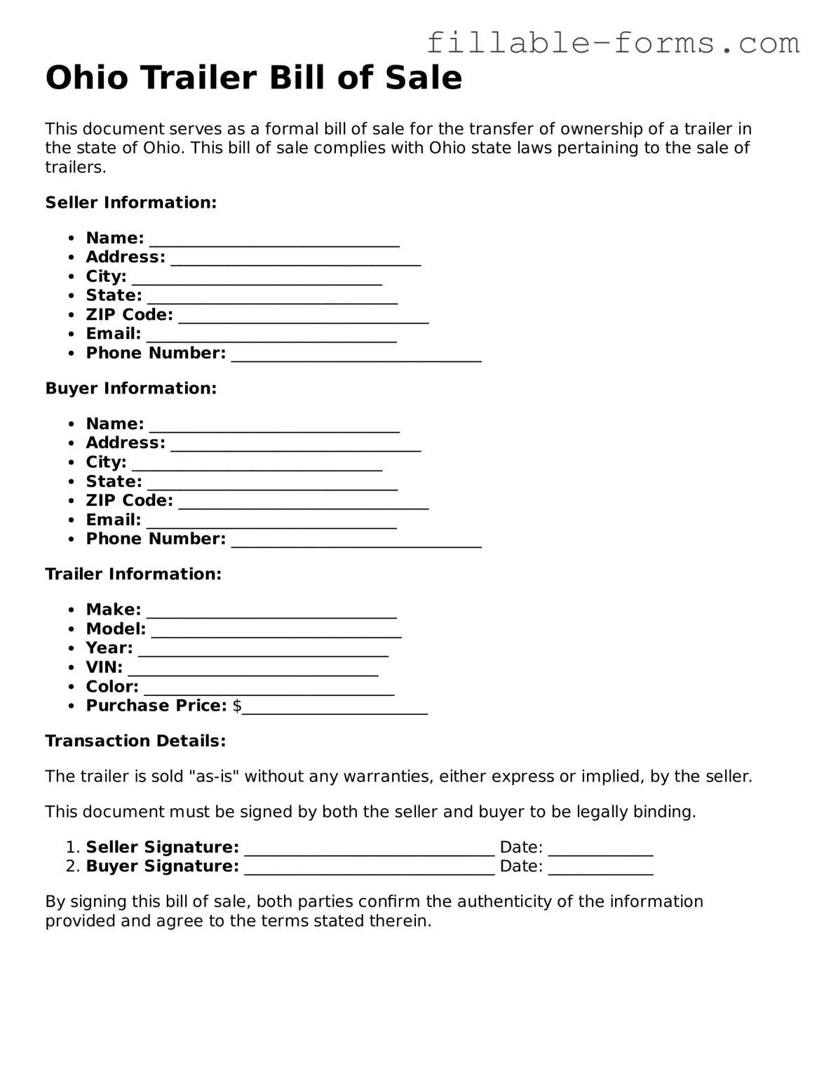 Printable  Trailer Bill of Sale Form for Ohio