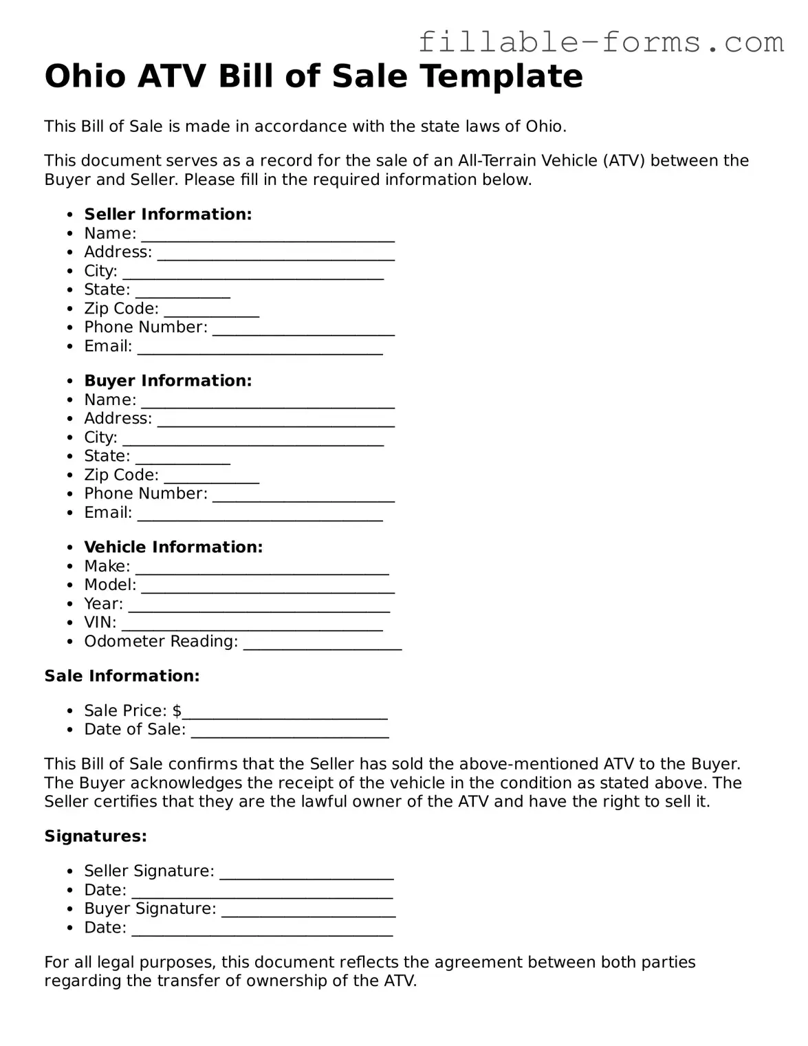 Printable  ATV Bill of Sale Form for Ohio