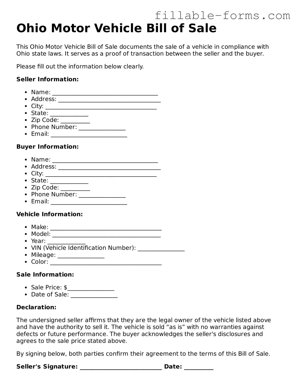 Printable  Motor Vehicle Bill of Sale Form for Ohio