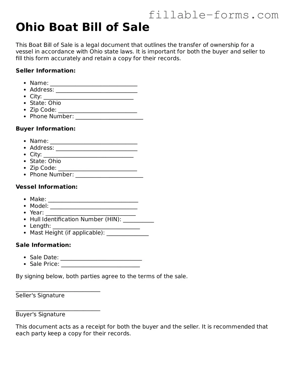 Printable  Boat Bill of Sale Form for Ohio