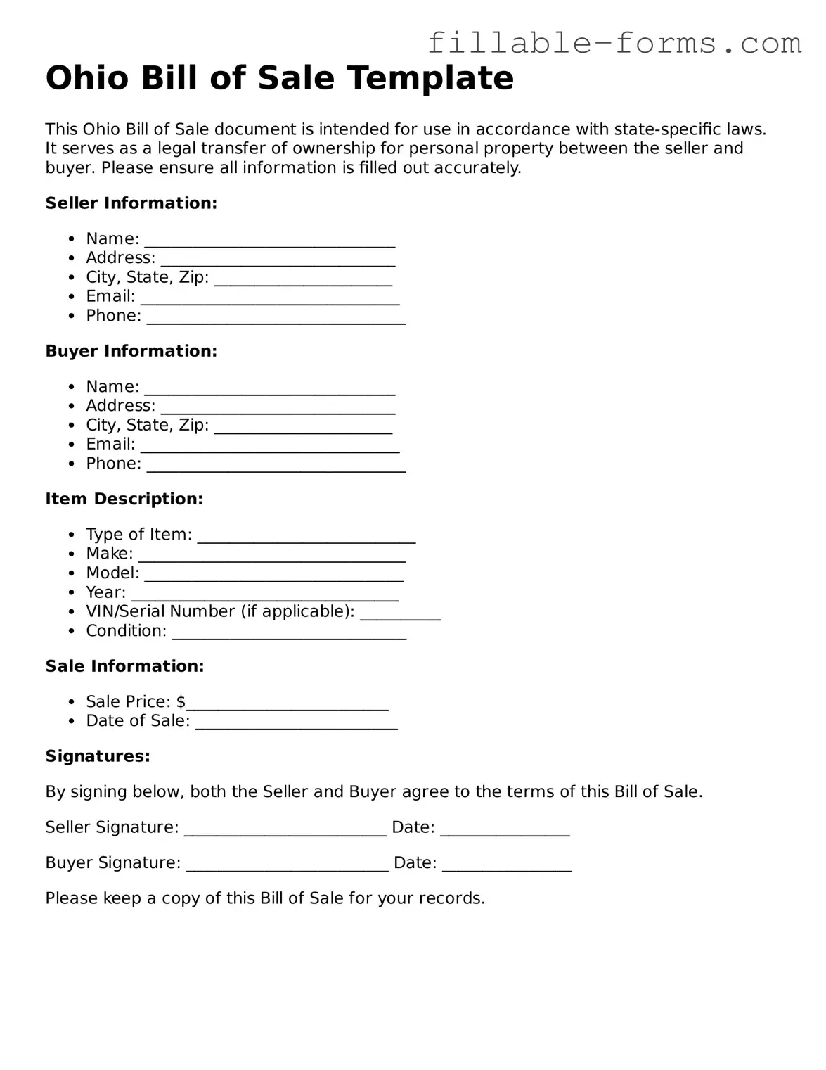 Printable  Bill of Sale Form for Ohio