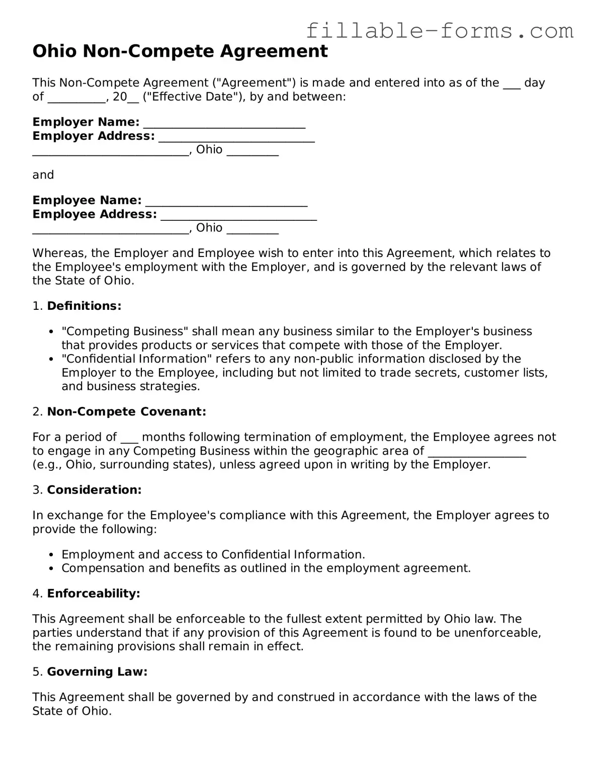 Printable  Non-compete Agreement Form for Ohio