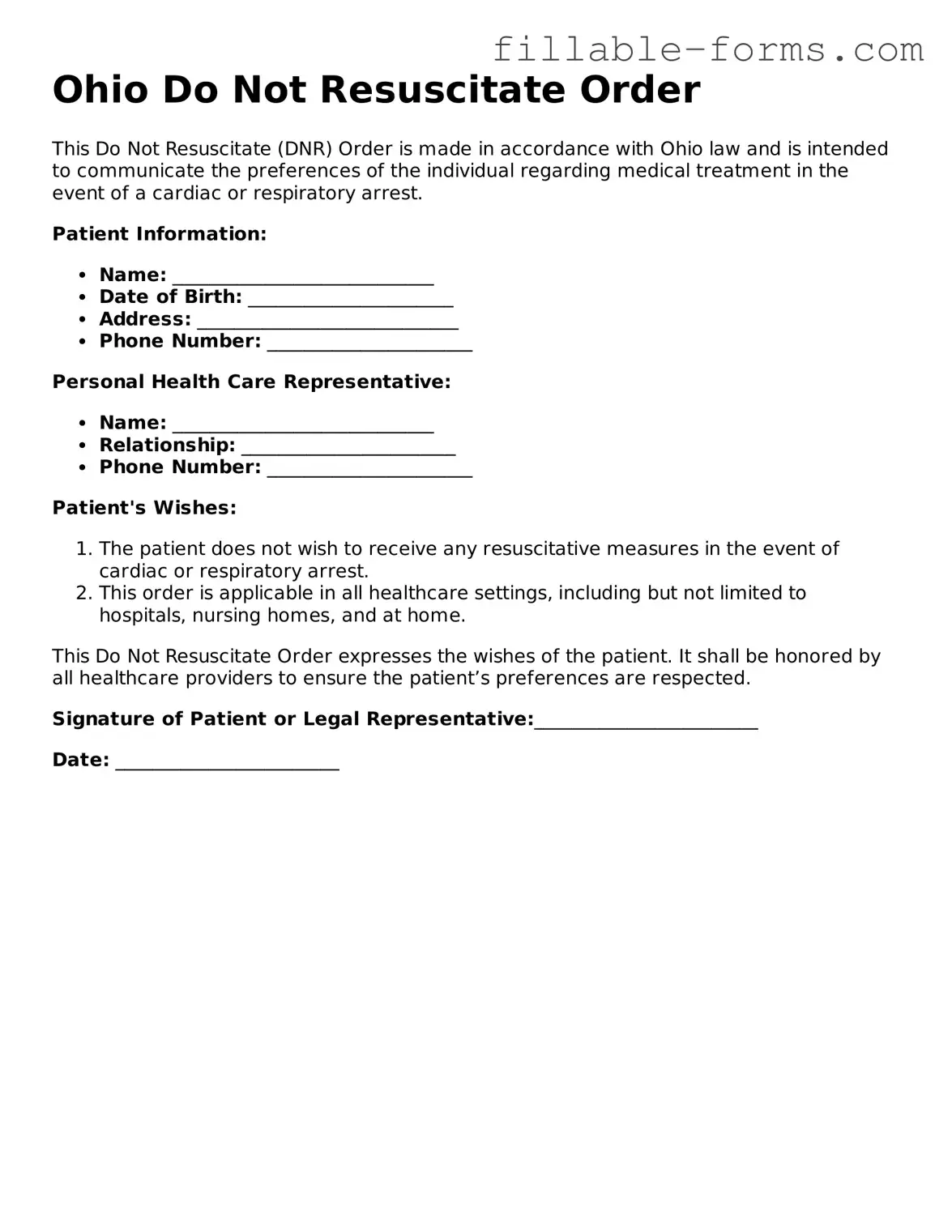 Printable  Do Not Resuscitate Order Form for Ohio
