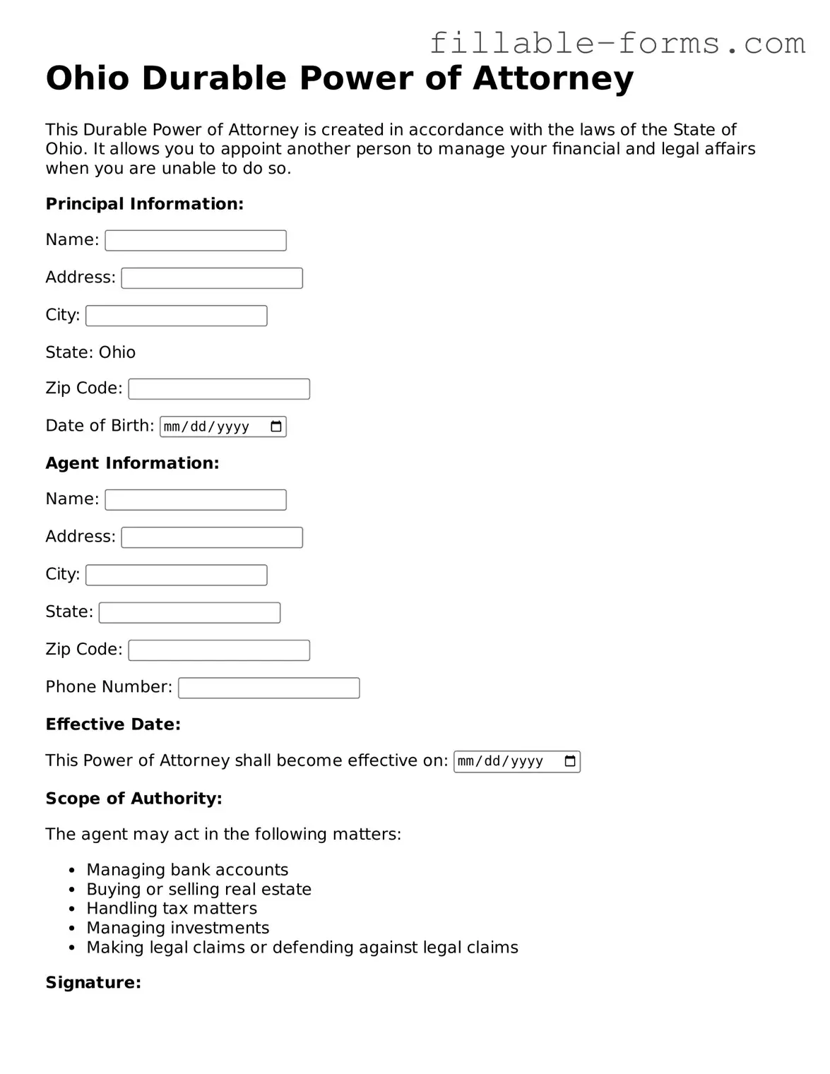 Printable  Durable Power of Attorney Form for Ohio