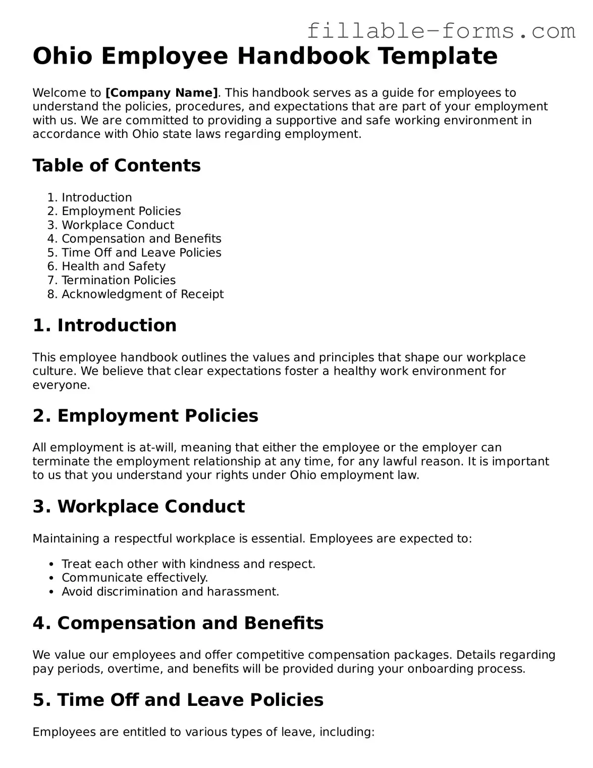 Printable  Employee Handbook Form for Ohio